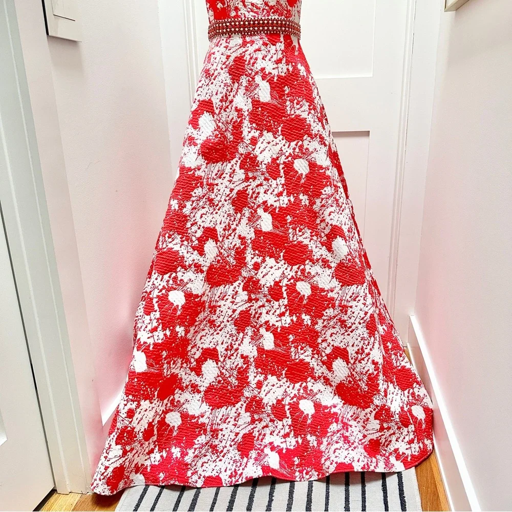 JOVANI Red and White Print Backless A-Line Evening Gown - Picture 9 of 16